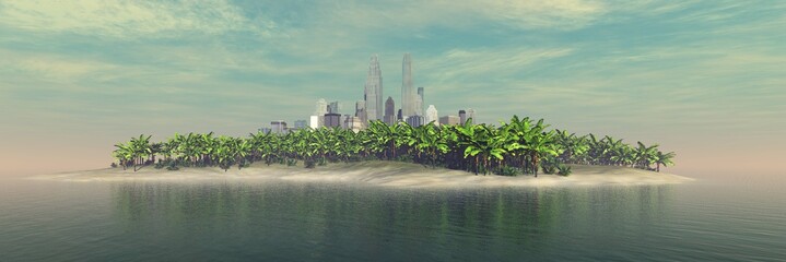 Beautiful panorama of the city behind palm trees, 3d rendering
