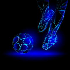 Fototapeta na wymiar Polygonal Football Kickoff illustration. Soccer player hits the ball. Sports blue neon background.