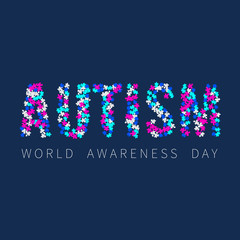 Autism awareness poster with word AUTISM made of colorful puzzle pieces on blue background. Solidarity and support symbol. Medical concept. Vector illustration.