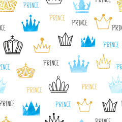 Little prince seamless pattern in blue and golden colors. Vector background with watercolor and glittering crowns
