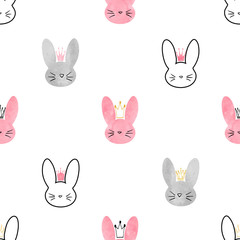 Seamless little princess bunny pattern. Vector background with cute rabbits for girls design.