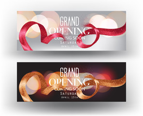 Grand opening horizontal banners with curly sparkling ribbons and blurred background. Vector illustration