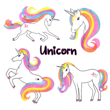 Beautiful rainbow watercolor unicorns set. Vector illustration. 