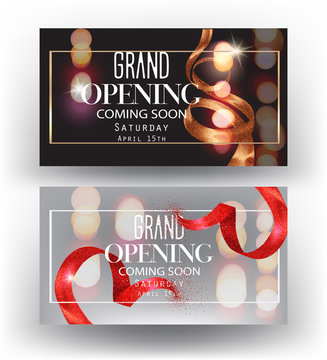 Grand opening banners with curly sparkling ribbons, frames and blurred background. Vector illustration