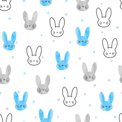 Seamless bunny pattern. Vector background with blue and grey rabbits.