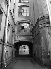 Yard with narrow gateway  Saint-Petersburg, Russia black and white