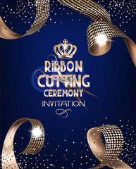 Royal design banner with gold curly silk ribbons and blue background. Ribbon cutting ceremony. Vector illustration