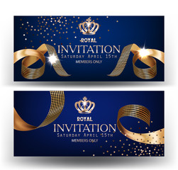 Royal design banners with gold curly silk ribbons and blue background. Vector illustration