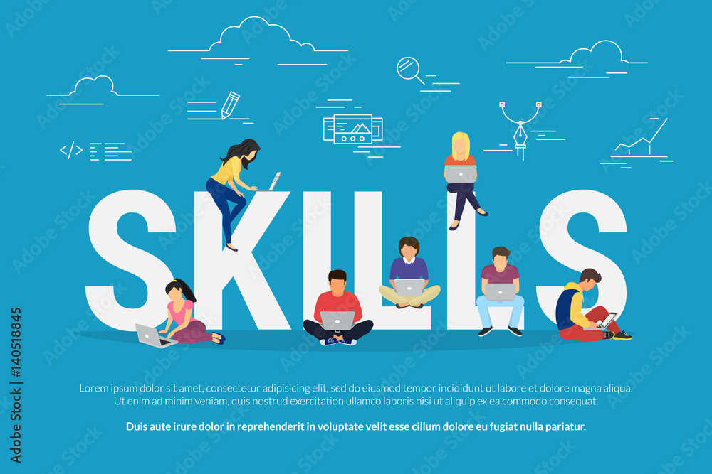 Poster skills development concept vector illustration of business people using devices for hard work and pr