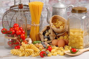 pastas with eggs and cherry tomatoes