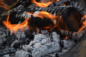 Feuer mit verkohltem Holzscheid