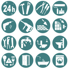 House repair service logo, set. Abstract concept. Raster illustration on white background.