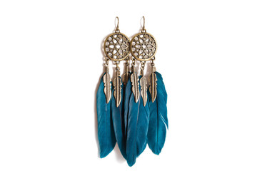 Earrings with bright color feathers isolated on white background
