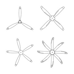 Set of aircraft screw in outline style. Airplane propellers on white background © shaineast
