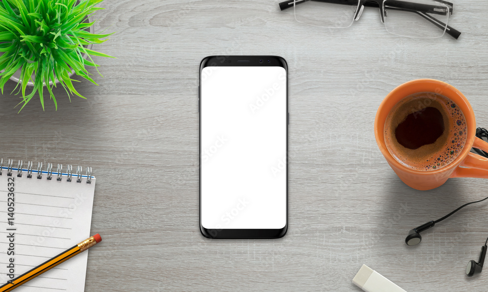 Aufkleber black modern smart phone with isolated round screen. isolated screen for mockup. top view of desk wi
