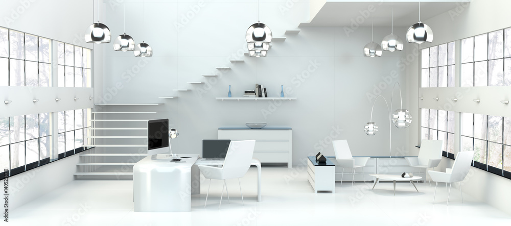 Poster modern white office interior with computer and devices 3d rendering