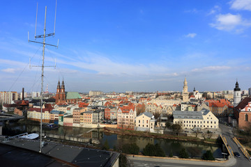 Panorama miasta Opole, widok z wieży Piastowskiej, katedra, ratusz.