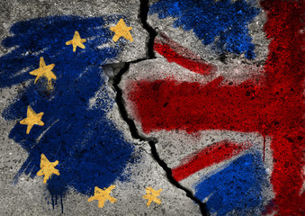 Brexit symbol. Concept illustration.  EU and UK flag on broken wall.