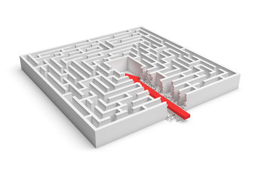 3d rendering of a square maze with a red arrow borrowing to the center isolated on white background