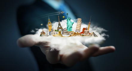 Businessman holding a cloud full of famous monuments in his hands 3D rendering