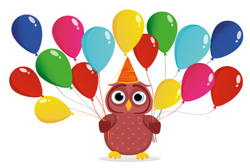 Obraz na płótnie Canvas A happy owl with sultry balloons. Greeting card and birthday invitation. Vector