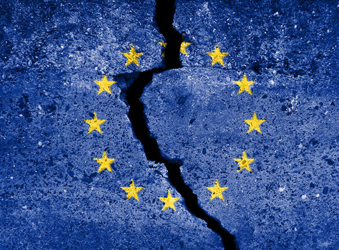 Blue european union EU flag on broken wall. EU destruction symbol.
