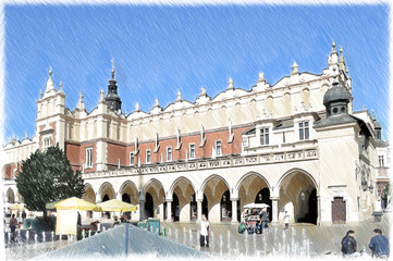 Naklejka premium Cracow, Krakow Market Square. Sukiennice. Poland. Illustration in draw, sketch style.