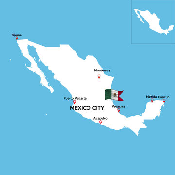 A detailed map of Mexico with indexes of major cities of the country. National flag of the state. Vector illustration.