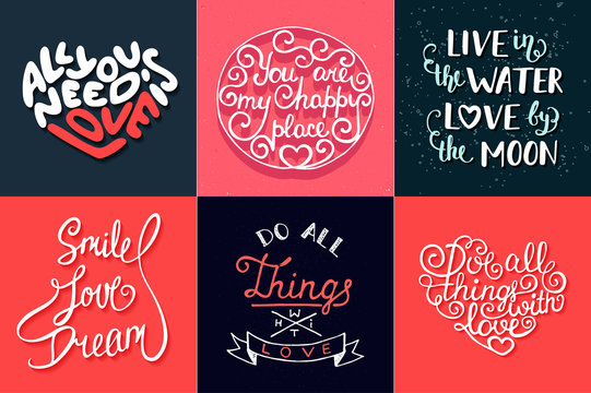 Set of romantic vector hand drawn unique typography greeting cards, decoration, template, prints, banners and posters. Modern ink brush calligraphy. Handwritten vintage lettering.