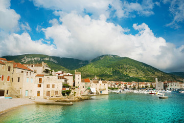 Fototapeta na wymiar Landing stage in Adriatic, marine, seascape. Traveling, yachting, sailing concept.