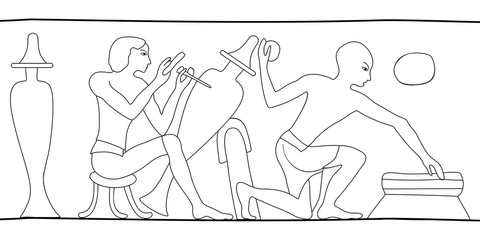 Vector illustration of Egyptian national drawing. Slaves artisans work in the workshop.