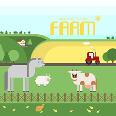 Farm. Livestock on the farm, rural landscape. Vector material design