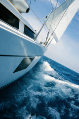 Beautiful yacht in open sea. Traveling, yachting, sailing concept.