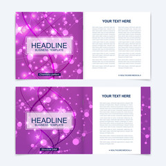 Templates for square brochure. Leaflet cover presentation. Business, science, technology design book layout. Scientific molecule background