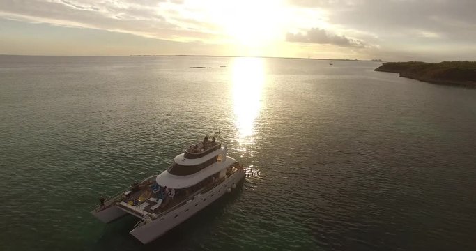 Aerial View of Boat Party with Sunset in Paradise Islands in Bahamas