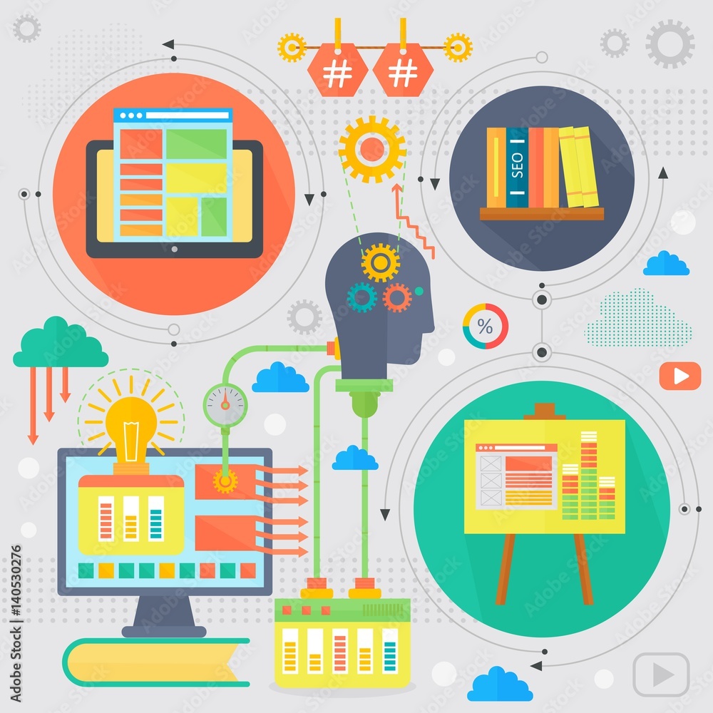 Poster SEO and development concept design infographics template icons in circles design, seo optimization web elements, poster banner vector illustration.