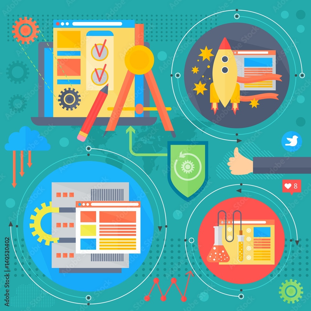 Poster seo and development concept design infographics template icons in circles design, seo optimization w