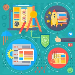 Obraz premium SEO and development concept design infographics template icons in circles design, seo optimization web elements, poster banner vector illustration.