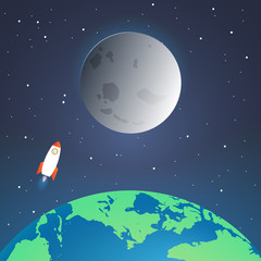 Rocket and the space. Rocket flying in space near the earth and moon. Concept.  Start up, business and promotion for success.