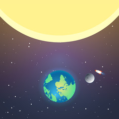 Rocket and the space. Rocket flying in space near the earth, sun and moon. Concept.  Start up, business and promotion for success.