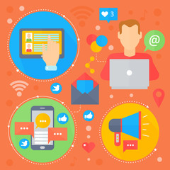 Social Network and Social Media flat concept design. Media icons in circles. Digital marketing infographics template banner design. Vector illustration.