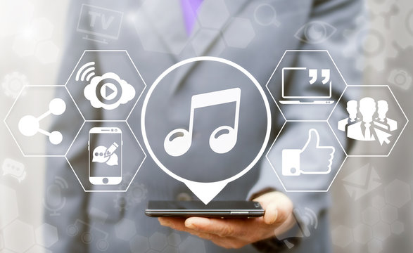 Music Live Streaming Social Media Network Business Online Web Concept. Man Offer Smartphone With Melody Icon On Virtual Screen. Sound Track Broadcast And Download, Internet Website Stream Technology