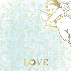 Cute Cupid card. Angel. Floral background.