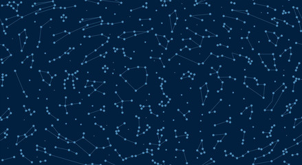 Vector. Seamless pattern for decoration, design. Astronomy different constellations  on a blue background. Zodiac sign of the bright stars. Glowing lines and points. Star chart, map. Deep space