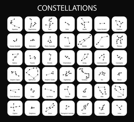 Vector. Constellations of the  zodiac signs, constellations, icons. Black signs of the stars on white background. Glowing lines and points. Star chart, map. Constellations with titles. Deep space