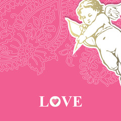 Cute Cupid card. Angel. Floral background.
