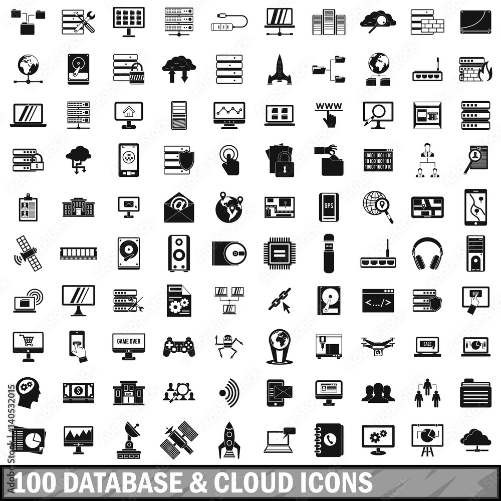 Poster 100 database and cloud icons set, simple style