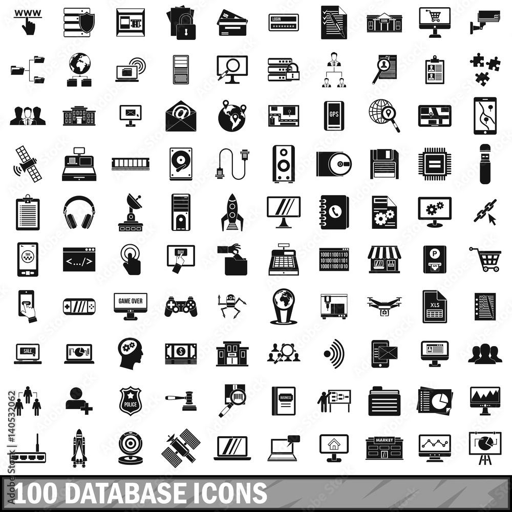 Poster 100 database icons set, simple style
