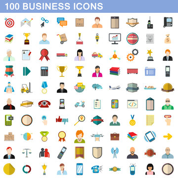 100 business icons set, flat style