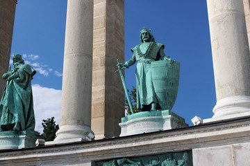Sculpture of king Charles Robert (Kiss Gyorgy, 1905) in Budapest, Hungary. As part of Millennium Monument on the Heroes Square. Charles I was King of Hungary and Croatia from 1308 to his death. - obrazy, fototapety, plakaty